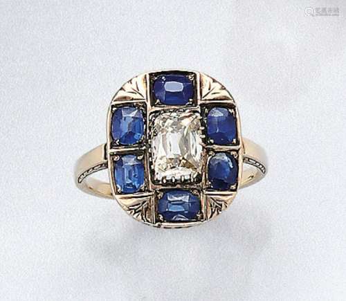 Antique 14 kt gold ring with diamond and sapphires,