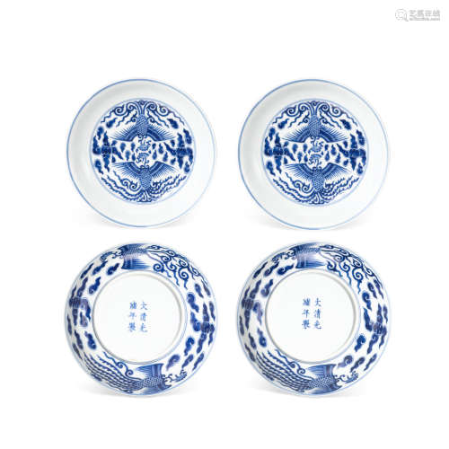 Guangxu six-character marks and of the period A pair of blue and white phoenix bowls