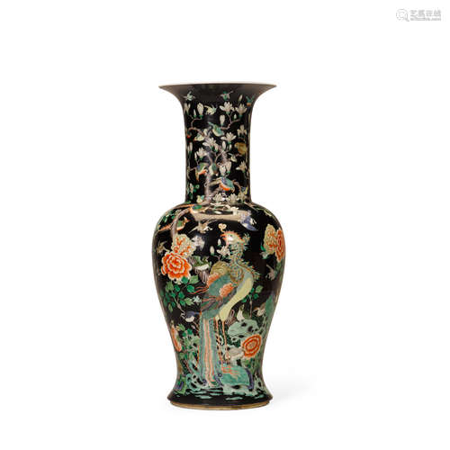 19th century A famille noire enameled 'phoenix tail' vase