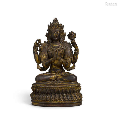 Qing dynasty A Sino-Tibetan Gilt-Bronze Figure of Four-Armed Avalokiteshvara, Chenrizig or Shadakshari