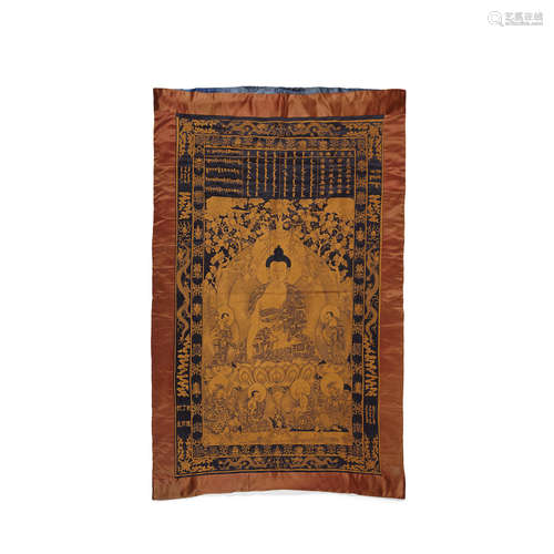 Qianlong dingyou cyclical date (1767) and possibly of the period A Blue-ground gilt embroidered Buddhist hanging