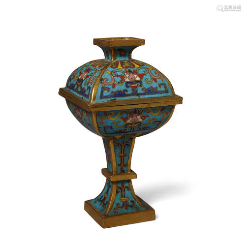 18th century A cloisonné square sectioned vase and cover, fang dou