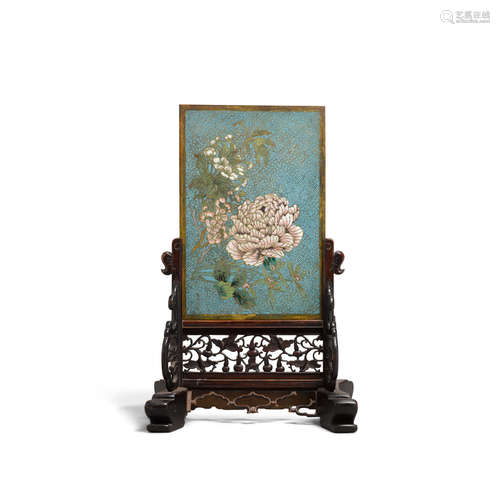 18th century A cloisonné enamel flower panel mounted as a table screen