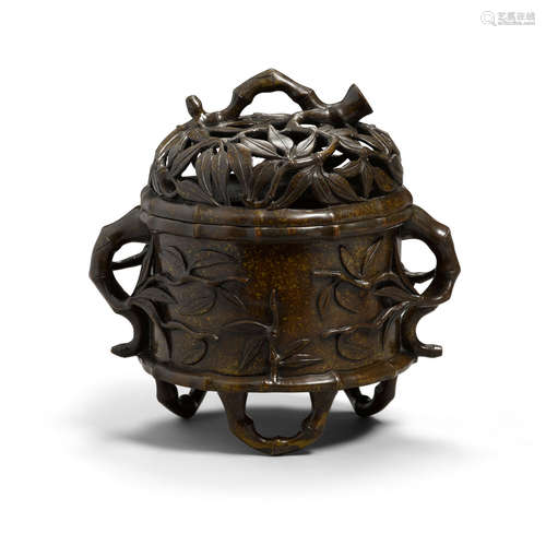 Xuande mark, 19th century A bronze 'bamboo' incense burner and cover