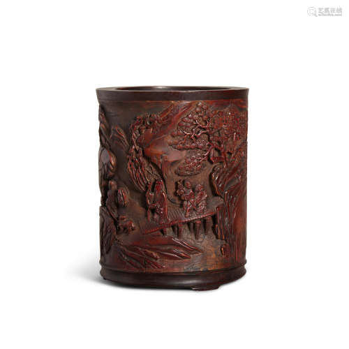 Qing dynasty, signed Wang Yuangu A Hardwood-Mounted Bamboo Brush Pot