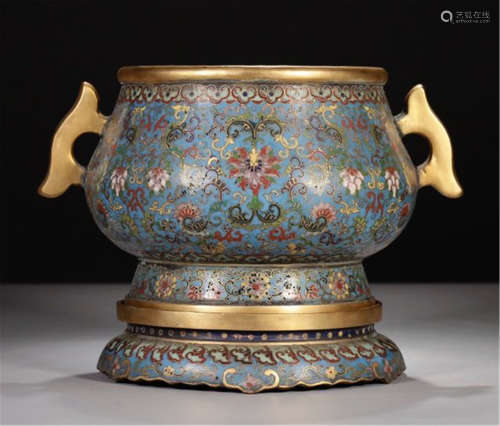 A CHINESE CLOISONNE FLOWER DOUBLE EARS INCENSE BURNER