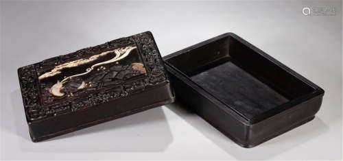 A CHINESE CARVED ZITAN FISH LIDDED BOX