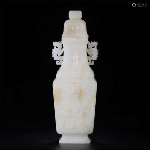 A CHINESE WHITE JADE DOUBLE DRAGON EARS SUQARE LIDDED VASE