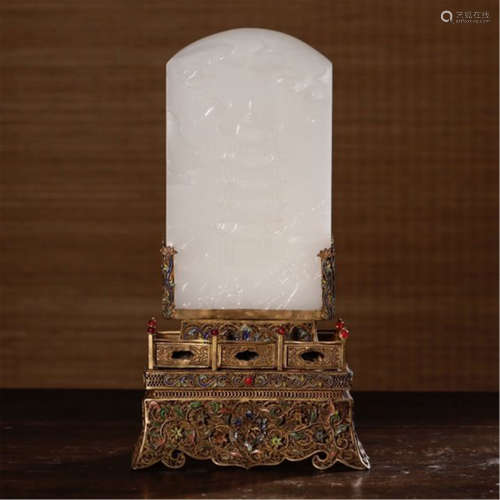 A CHINESE GILT SILVER GEM STONE INLAID WITH WHITE JADE PLAQUE TABLE SCREEN