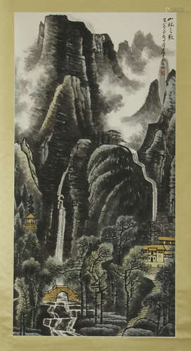 A CHINESE SCROLL PAINTING OF MOUNTAIN VIEW