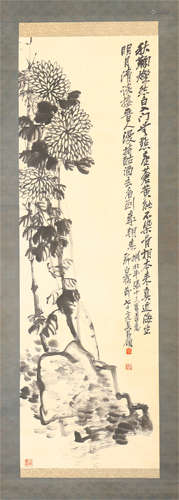 A CHINESE SCROLL PAINTING OF FLOWER WITH CALLIGRAPHY