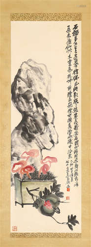 A CHINESE SCROLL PAINTING OF FLOWER WITH CALLIGRAPHY