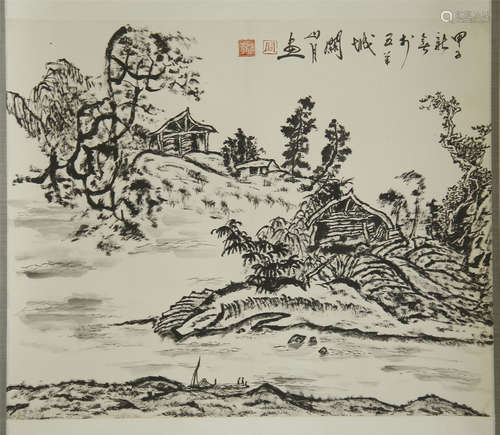 A CHINESE SCROLL PAINTING OF LANDSCAPE WITH CALLIGRAPHY