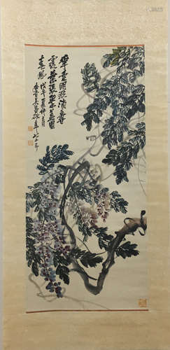 A CHINESE SCROLL PAINTING OF TREE WITH CALLIGRAPHY