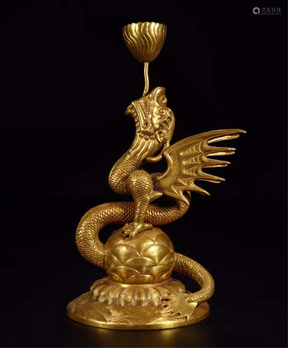 A PAIR OF CHINESE GILT BRONZE DRAGON CANDLE HOLDERS