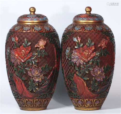 A PAIR OF CHINESE CINNABAR LACQUER LIDDED POTS
