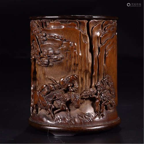 A CHINESE CARVED BAMBOO WARRIOR BRUSH POT