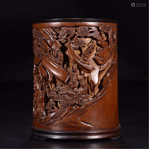 A CHINESE CARVED BAMBOO MEN UNDER PINE BRUSH POT