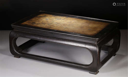 A CHINESE CARVED ZITAN STONE INLAID SQUARE TABLE