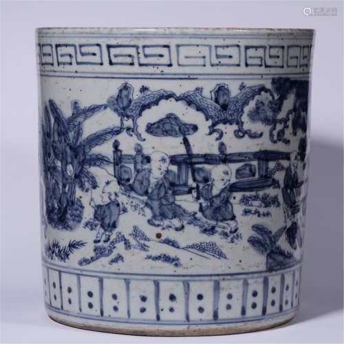 A CHINESE PORCELAIN BLUE AND WHITE BOY BRUSH POT
