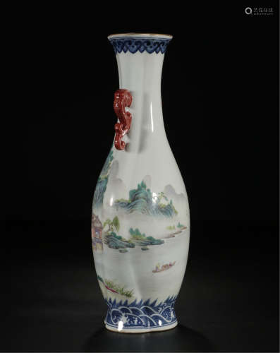 A CHINESE PORCELAIN FAMILLE ROSE MOUNTAIN WATER VASE