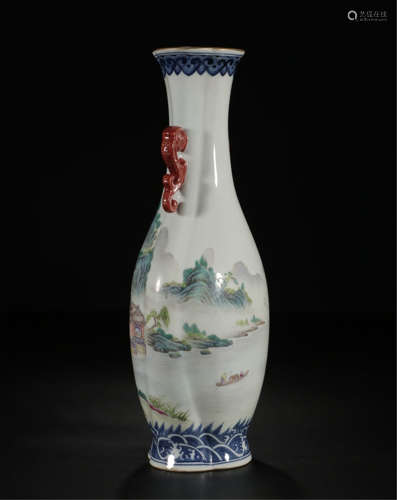 A CHINESE PORCELAIN FAMILLE ROSE MOUNTAIN WATER VASE