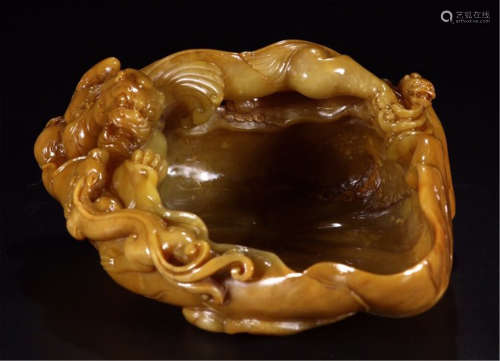 A CHINESE CARVED SOAP STONE TIANHUANG DRAGON BRUSH WASHER
