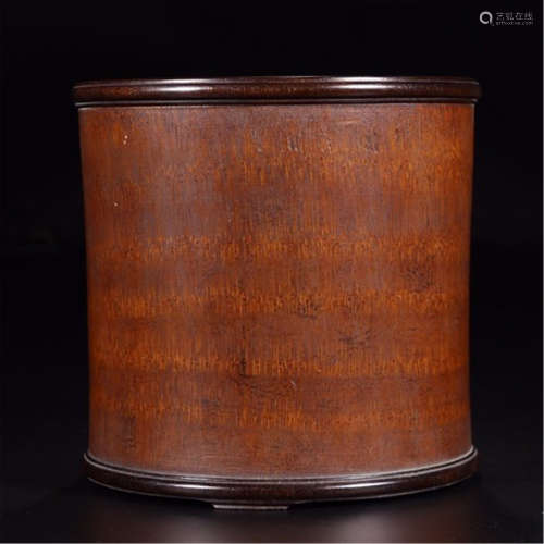 A CHINESE CARVED BAMBOO ZITAN INLAID BRUSH POT