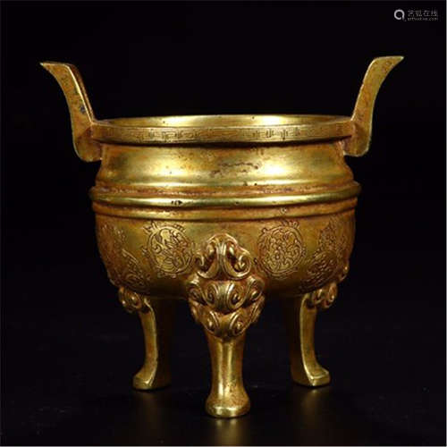 A CHINESE GILT BRONZE TRIPLE FEET INCENSE BURNER