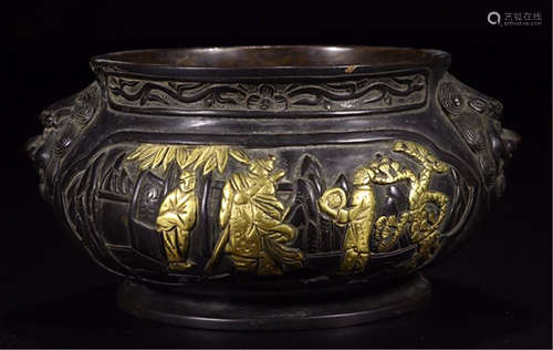 A CHINESE CARVED GILT BRONZE FIGURE AND STORY INCENSE BURNER