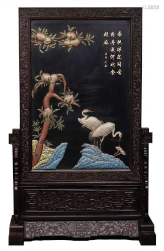 A CHINESE CARVED ZITAN LACQUER GEM STONE INLAID TABLE SCREEN