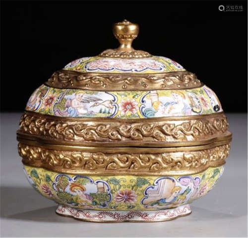 A CHINESE GILT BRONZE WITH CLOISONNE FIGURE LIDDED BOX