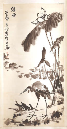 A CHINESE SCROLL PAINTING OF LOTUS WITH CALLIGRAPHY