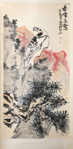 A CHINESE SCROLL PAINTING OF MOUNTAIN WITH CALLIGRAPHY
