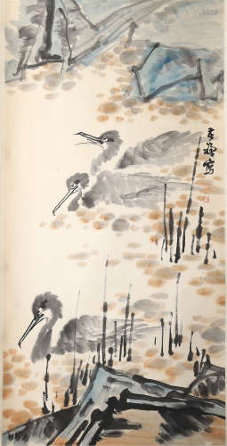 A CHINESE SCROLL PAINTING OF DUCK WITH CALLIGRAPHY