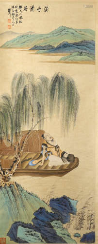 A CHINESE SCROLL PAINTING OF LANDSCAPE WITH CALLIGRAPHY