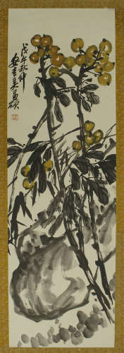 A CHINESE SCROLL PAINTING OF FRUIT WITH CALLIGRAPHY