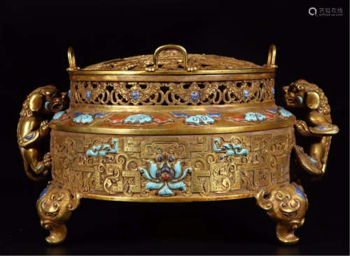 A CHINESE GILT BRONZE GEM STONE INLAID DRAGON INCENSE BURNER