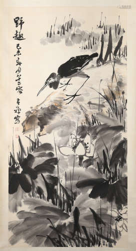 A CHINESE SCROLL PAINTING OF VIEW WITH CALLIGRAPHY