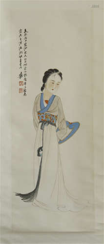 A CHINESE SCROLL PAINTING OF BEAUTY WITH CALLIGRAPHY