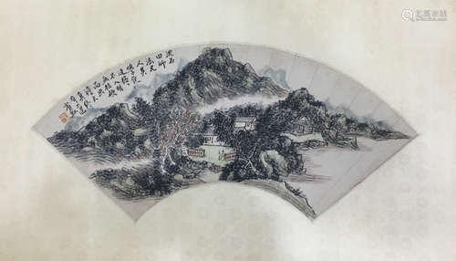 A CHINESE PAINTING OF LANDSCAPE WITH CALLIGRAPHY