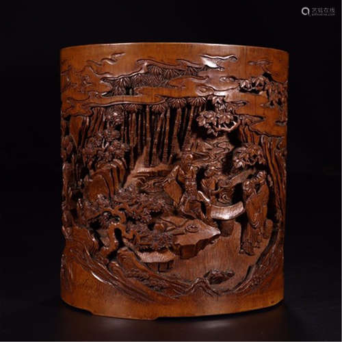 A CHINESE CARVED BAMBOO MEN BRUSH POT