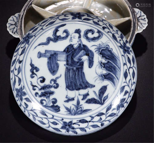 A CHINESE PORCELAIN BLUE AND WHITE FIGURE AND STORY LIDDED CAGE