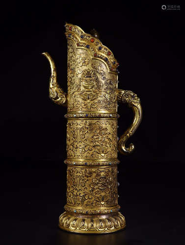 A CHINESE CARVED GILT BRONZE KETTLE