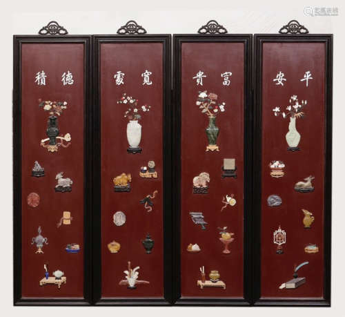 FOUR CHINESE CARVED LACQUER GEM STONE INLAID HANGED SCREENS