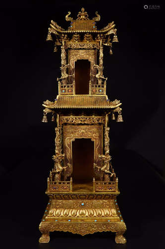 A CHINESE GILT BRONZE DOUBLE FLOOR BUDDHIST CAGE