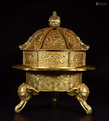 A CHINESE GILT BRONZE ELEPHANT FEET INCENSE BURNER