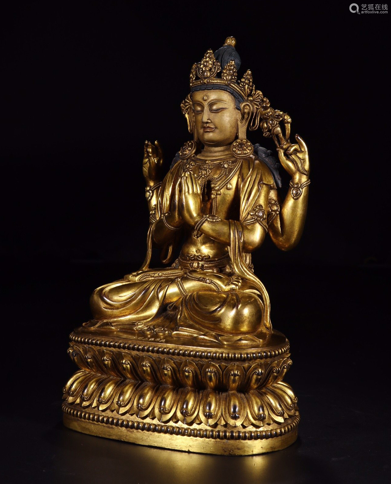 A CHINESE GILT BRONZE FOUR ARMS SEATED GUANYIN－【Deal Price Picture】