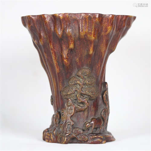 A CHINESE CARVED ANCIENT AGALWOOD FIGURE AND STORY CUP