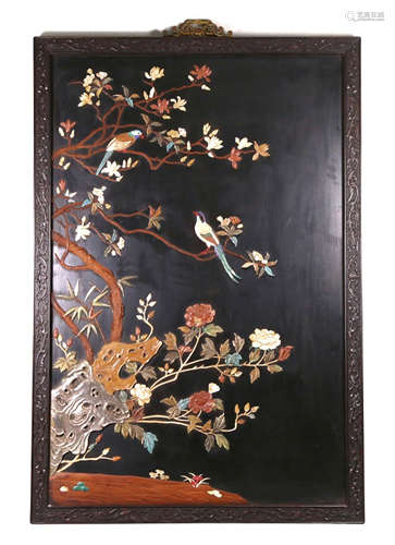 A CHINESE CARVED ZITAN GEM STONE INLAID FLOWER AND BIRD HANGLE SCREEN